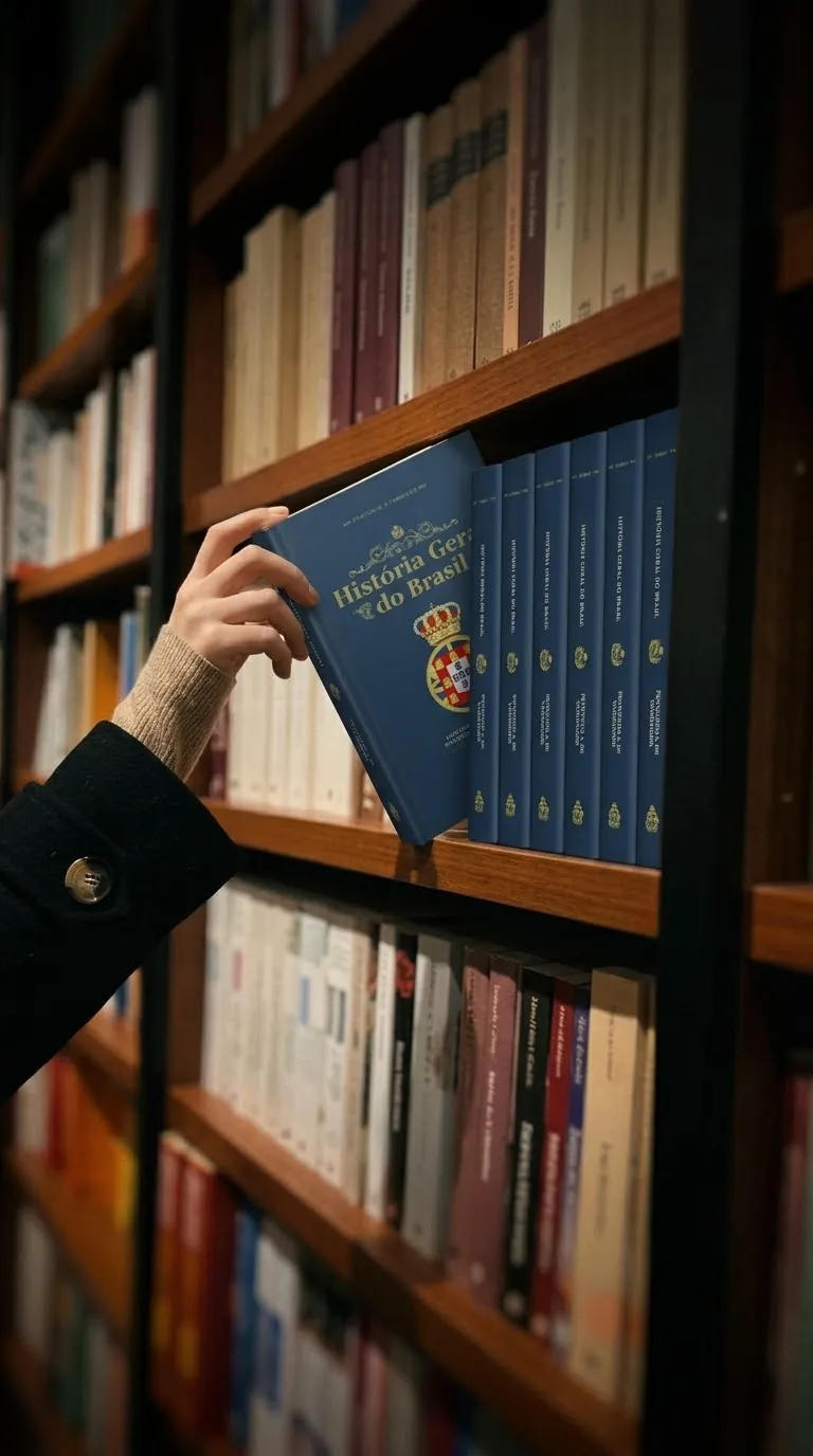 Leitor tirando da estante a História Geral do Brasil